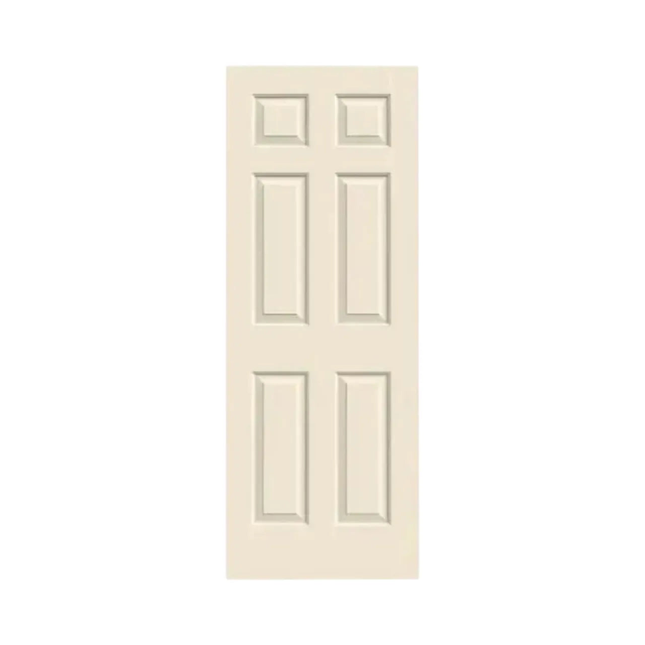 The Go Build Colonist 24x78 6-panel primed texture solid core molded MDF interior door slab features a beige, rectangular design with three rows of two raised panels, displayed against a plain white background.